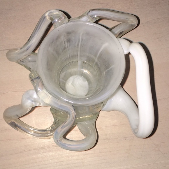 5” tall Handblown vintage one-of-a-kind white milky clear metal fleck heavy vase - Picture 3 of 17